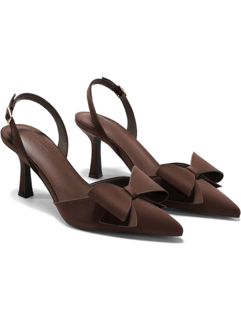 Women's Chocolate Slingback Kitten Heel Bow Satin Closed Toe Wedding Pumps Shoes